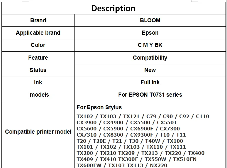 Принтер чернил картридж 4 цвета T0731N для EPSON TX210 TX200 TX209 TX213 TX220 TX100 mbk mfp fatex Россия Беларусь Pantum