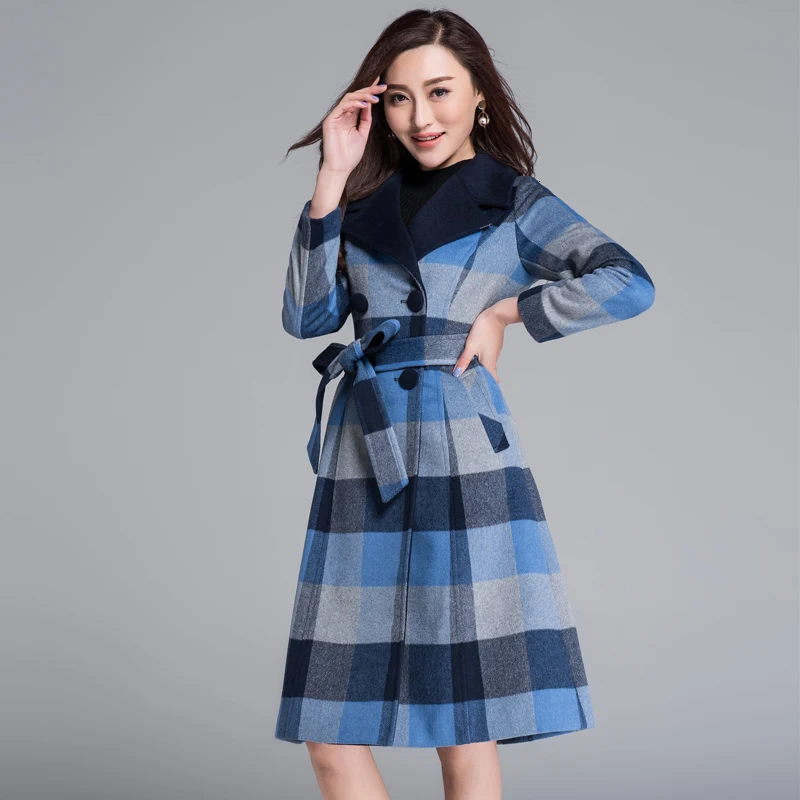 Корейское длинное теплое шерстяное пальто женская тонкая верхняя одежда в клетку осенне-зимнее шерстяное пальто высшего качества с пряжкой женское синее