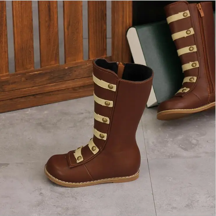 brown single new children's fashion boots girls rivet princess shoes baby long tube Martin knight boots - Цвет: brown single