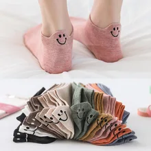 10 pares primavera verão meias femininas japonês adorável personalidade calcanhar bordado rosto sorridente amantes sólido algodão tornozelo meias