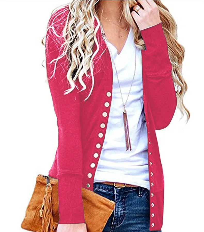 Women Deep V-neck T-shirts Navy White Casual Cardigan Solid Tops European American Style New Autumn Outwear S-XXL GMW03 - Color: Pink