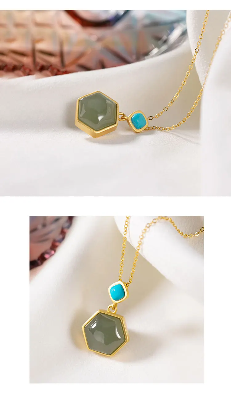Uglyless Real Natural Jade Hexagon Pendants for Women Bohemia Turquoise Necklaces+ Chains Gold Plated 925 Silver Jewelry P1095