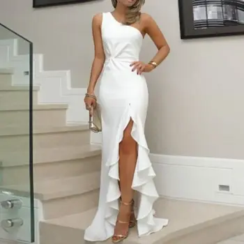 

2020 Ivory Simple Long Mermaid Evening Dresses One Shoulder Side Split Sexy Dress Prom