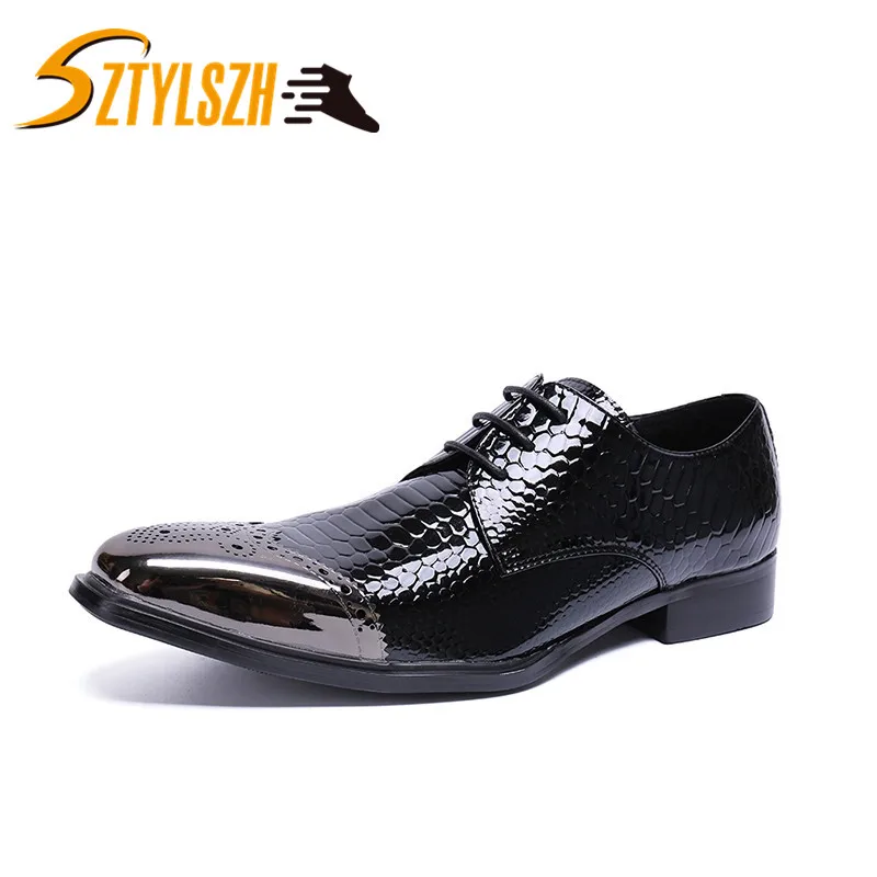 Men Formal Shoes Genuine Leather Luxury Brand Pointed Toe Dress Footwear Male Office Italian Brogue Oxford Shoes Glossy Men shoe - Цвет: Черный