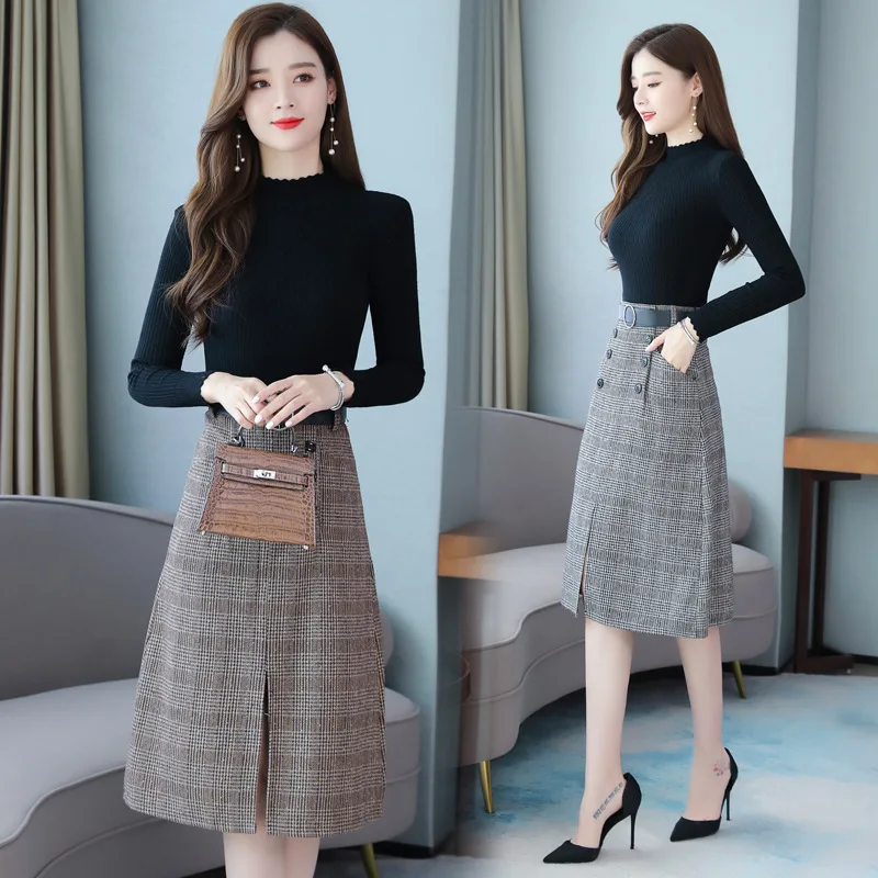 

Thousands of Birds Button Wool Skirt 2019 Autumn And Winter New Style A- line Base High-waisted Plaid Midi-skirt Children