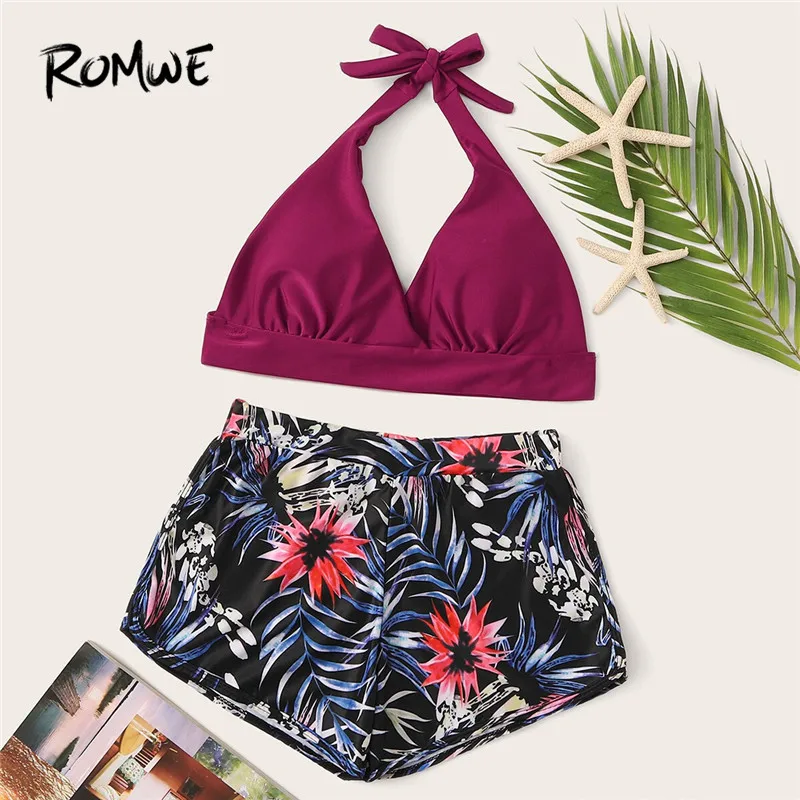 Romwe, спортивный комплект бикини, топ с бретелькой через шею, тропический купальник с высокой талией, женский летний купальник с рюшами и узлом, пляжный сексуальный купальник из 2 частей