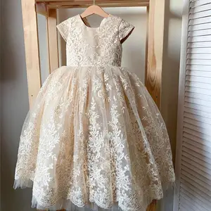 Champagne Lace Tulle Flower Girls Dresses for Wedding Cap Sleeve Zipper Back with Bow Kids Party Gown First Communion Dress