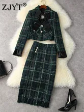 

Runway Fashion Women Autumn Winter Tweed Dress Suit Bowknot Green Plaid Woolen Jacket and Skirt 2 Piece Set Office Party Outfit