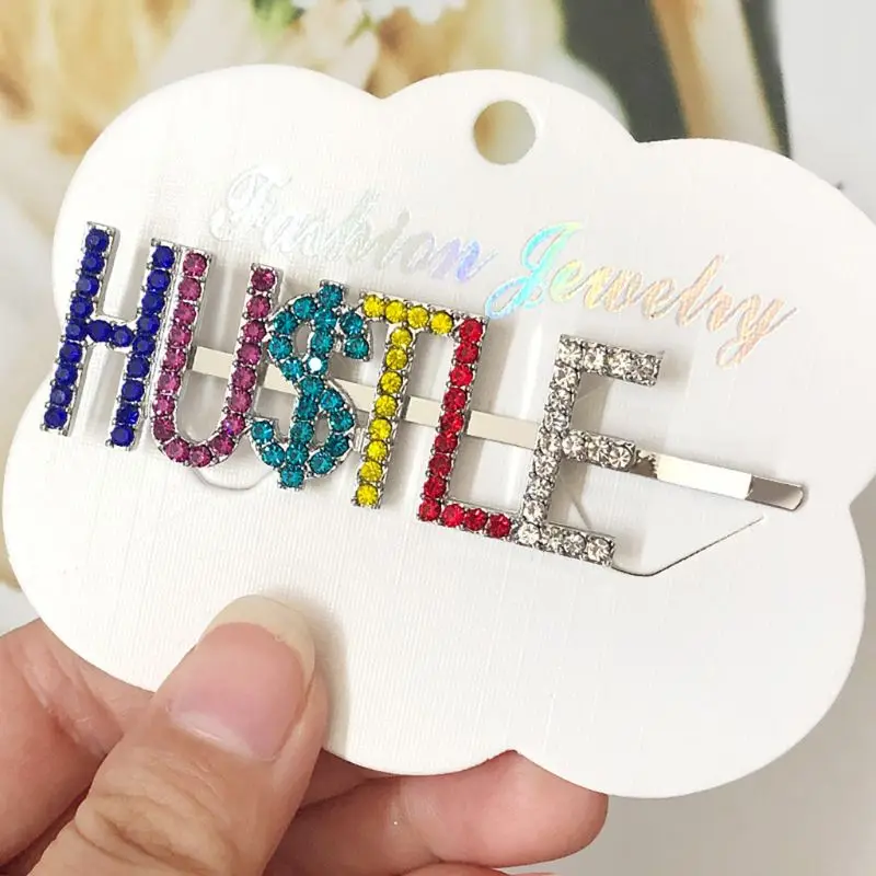 Женская забавная заколка для волос в стиле Харадзюку с надписью Hustle радужные разноцветные стразы, украшенные ювелирное изделие в виде заколки с боковой челкой