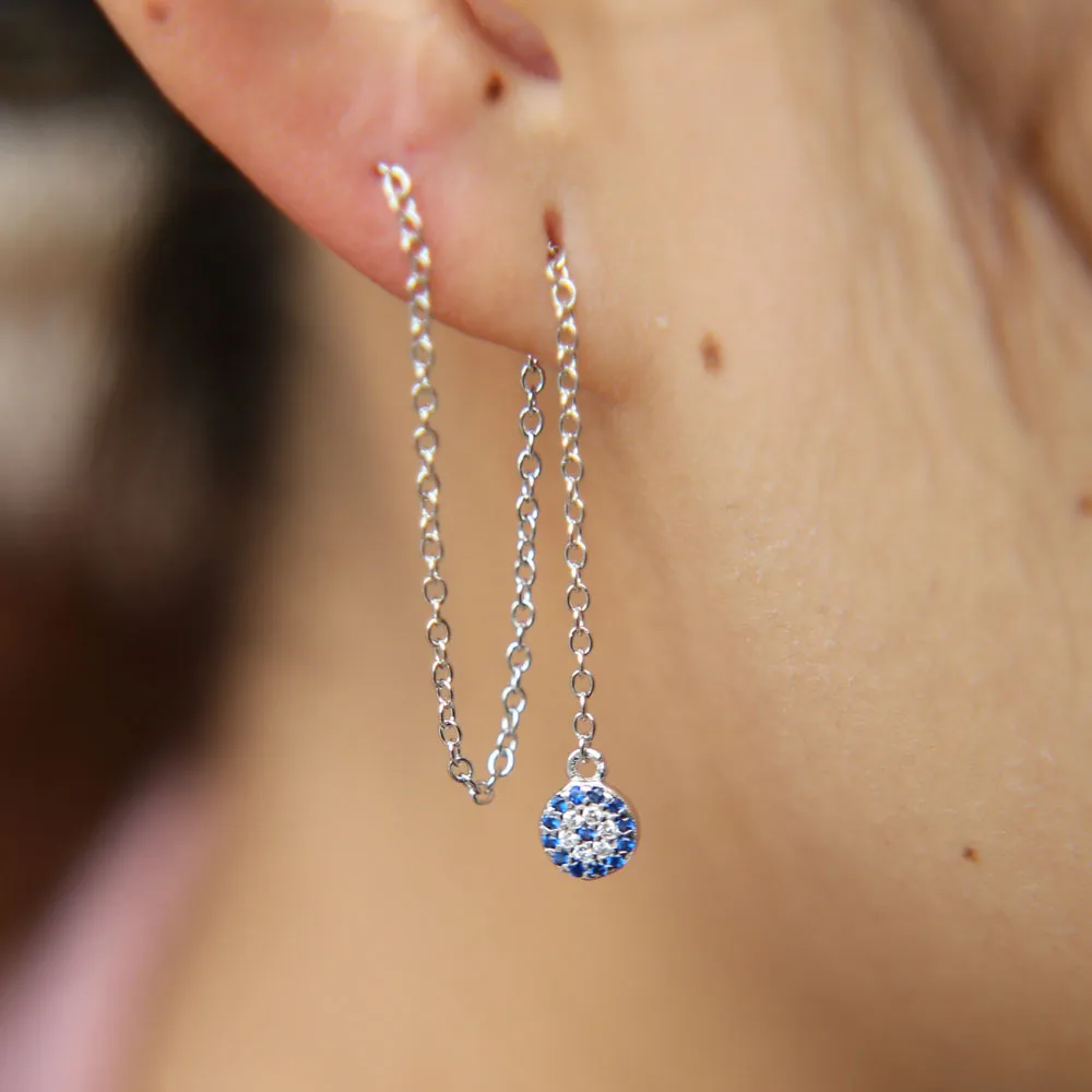 Top Quality Simple Ear Line round cz eye charm long chain drop Earrings Jewelry micro paved aaa blue clear dainty Wholesale | Украшения и