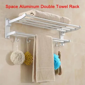 

Multi-function Double Towel Shelf Wall-Mounted Rack Aluminum alloy Kitchen Punching 5 Hooks Towel Rail Rack Storage Bathroom