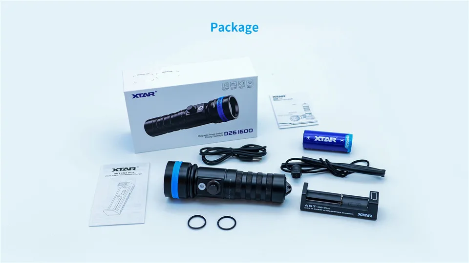 Xtar D26 1600 Set Xtar D26 1600 широкий угол обзора Ангел 16340 26650 18650 мощный светильник для дайвинга Cree XHP35 Магнитный пресс-переключатель подводный вспышка светильник s - Испускаемый цвет: Xtar D26 1600 Set