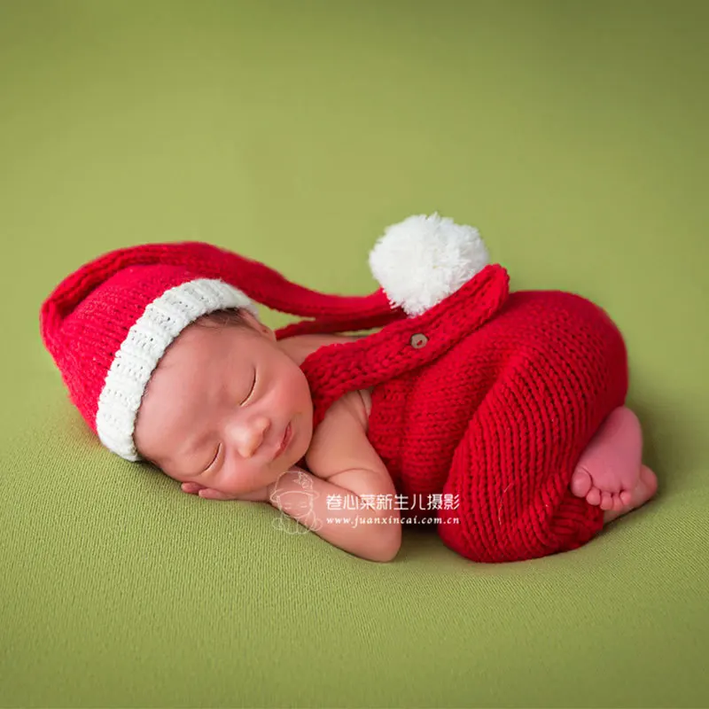 

Newborn Photography Props Hat Christmas Outfit Knitted Santa Claus Crochet Pompom Baby Romper Jumpsuit Photo Shoot Studio