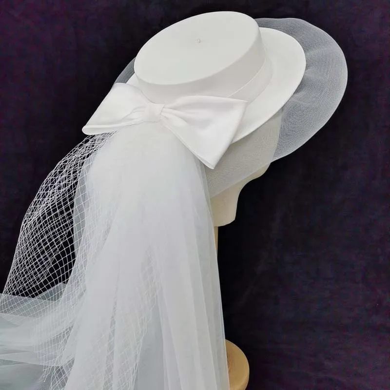 White Double-layer Satin Women's Top Hat With Bow Bride Sun Hat