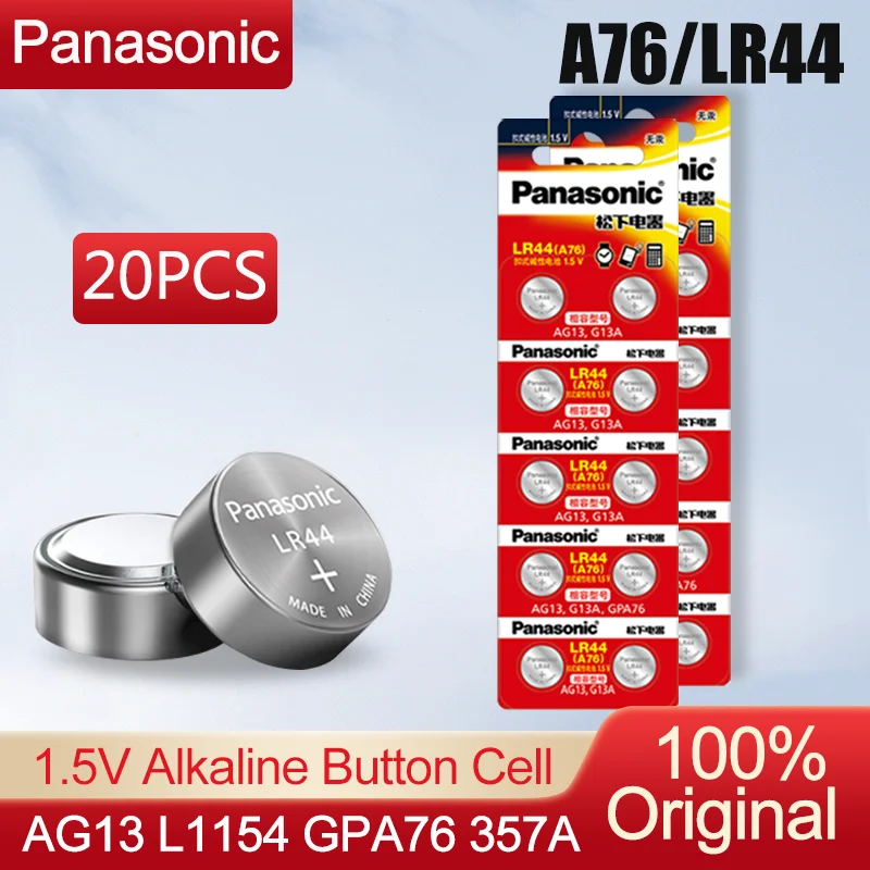 20PCS/lot Panasonic LR44 A76 LR 44 AG13 LR1154 SR1154 SR44 SR44SW SR44W GP76 1.5V Alkaline Batteries For Calculator Toy Watch coin battery