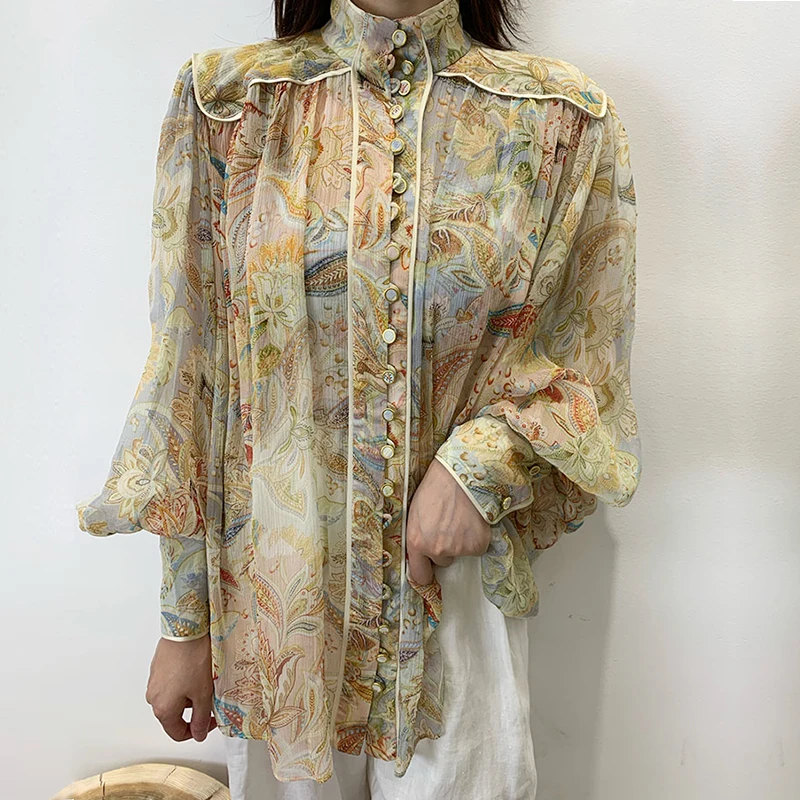 

100% silk retro ladies fashion high quality single breasted printed lantern sleeve blouse with lining