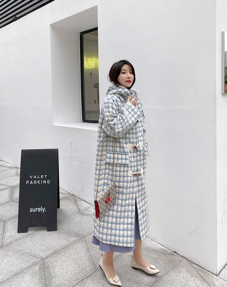 Abrigos Mujer Invierno корейское стильное шикарное повседневное клетчатое зимнее шерстяное пальто с капюшоном женское модное длинное пальто