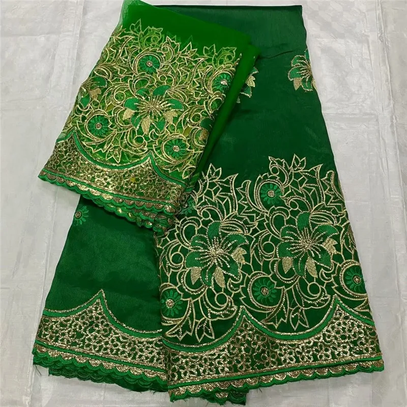 

High Quality 5+2 Yards African George Lace Fabric With Net Blouse Green Sequins And Stones Embroidered George Lace Fabric