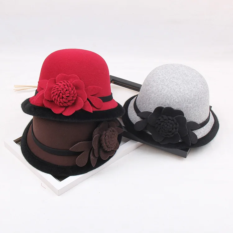Новая зимняя Женская винтажная фетровая шляпа с цветами в западном стиле для женщин и девочек, теплые шапки-котелки, Панама, шапка для путешествий, свадьбы, церкви, верхняя шапка