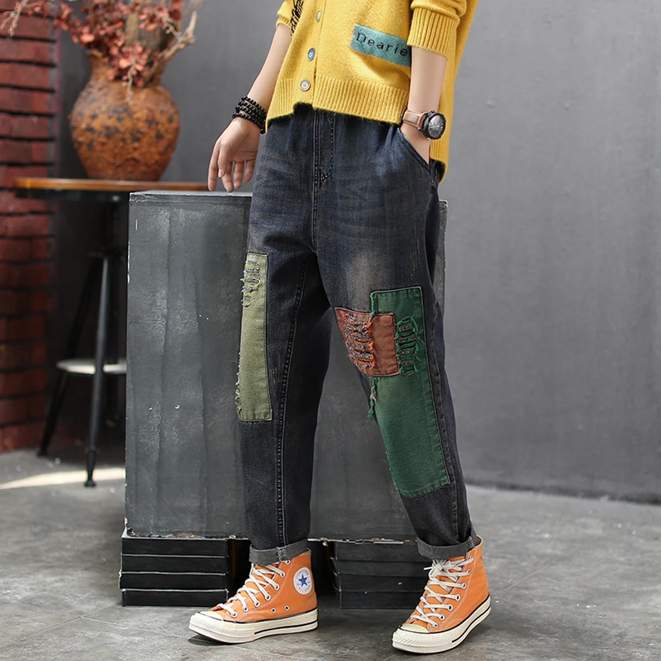 Женские джинсы деним брюки Лоскутные потертые Ретро Винтажные модные повседневные длинные большие свободные прямые на осень и весну AZ43181719
