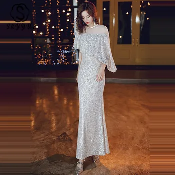 

Skyyue Fake Shawl Evening Dress Robe De Soiree K137 Champagne Sequined Formal Dress for Women Sleeveless Mermaid Long Party Gown