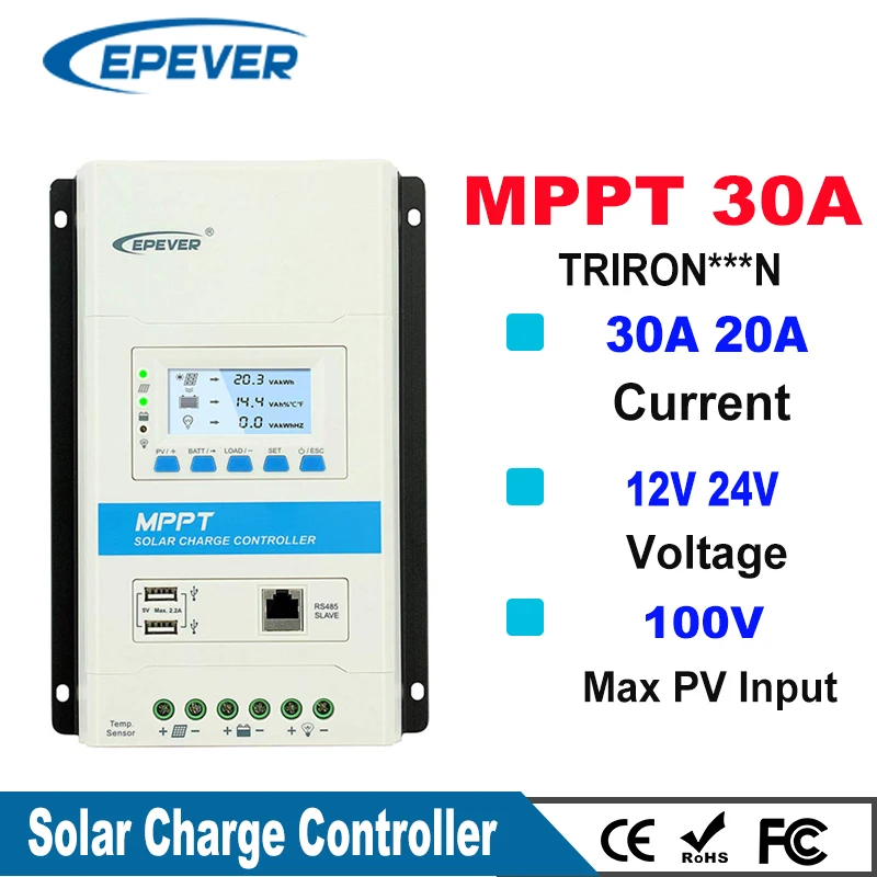 EPever 10A 20A 30A LCD For 12V or 24V PWM Solar Charge Controller 