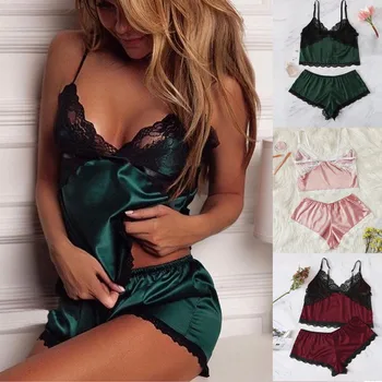 

New Women V-Neck Silk Lace Sexy Stain Trim Camisole Pajamas Sleepwear Shorts Set soft satin comfortable Sexy style Q60
