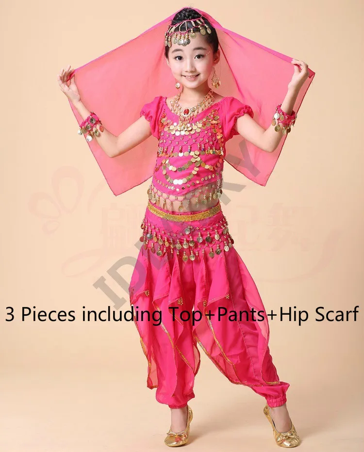 hot pink 3pcs Детский набор костюма для танца живота Восточные Танцевальные костюмы для девочек Египетский Болливуд Индийский танец живота индийская Одежда для взрослых - Цвет: hot pink 3pcs
