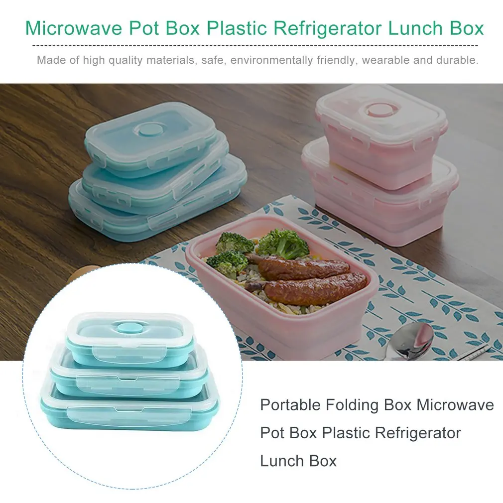 

Fda 3/4 Pcs Portable Folding Lunch Box Square Silicone Lunch Box Microwave Lunch Box Plastic Refrigerator High Temperature