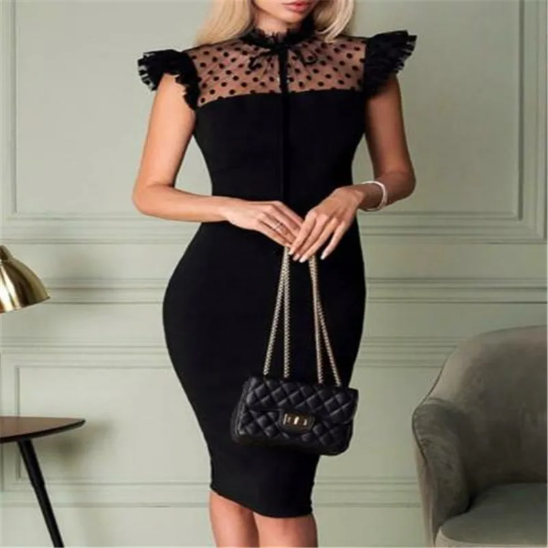 

New Style Sexy Women's Dresses Sleeveless Bodycon Ruffles Club Skinny See Through Dot Patchwork Bow Bandage Fashion Hot 2019