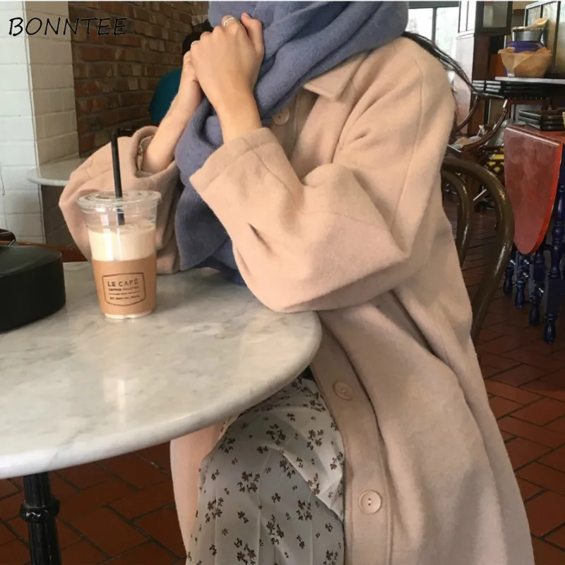  Wool Blends Women Ulzzang Kawaii Soft Loose Lovely All-match Thick New Long Students Korean Style W