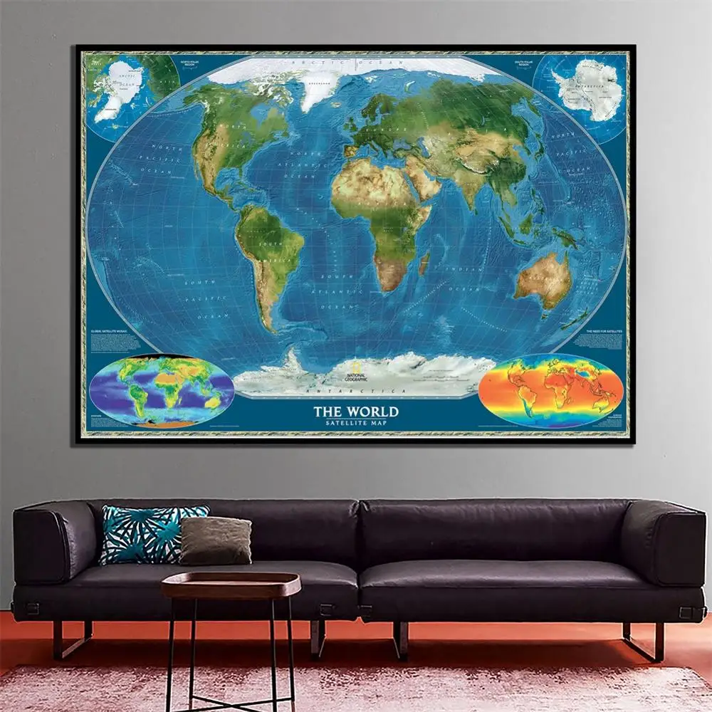 

60x90cm The World Satellite Map With Surface Temperature And Biosphere Revised October 2010 For Office Wall Decor Canvas