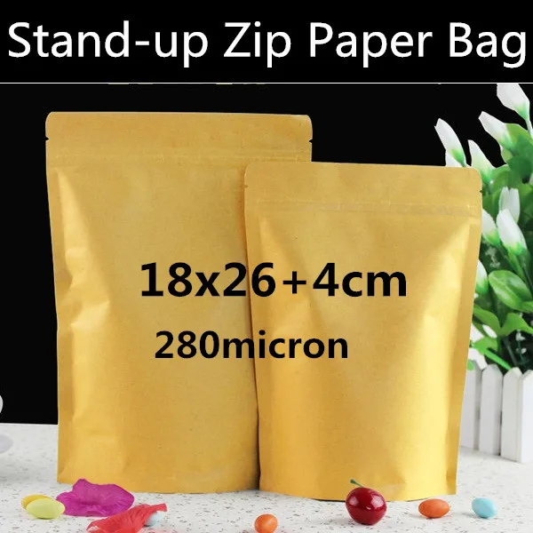 

50pcs/lot 18*26cm+4cm 280micron Stand up Kraft Paper Zip Lock Packaging Bags Food/Spice/Cereals/Coffee Beans Bag