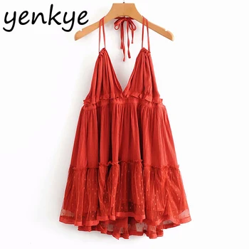 

Sexy Backless Halter Dress Women Mesh Patchwork V Neck Sleeveless Sling Dress Summer Holiday Beach Dress Short vestido DJF6656