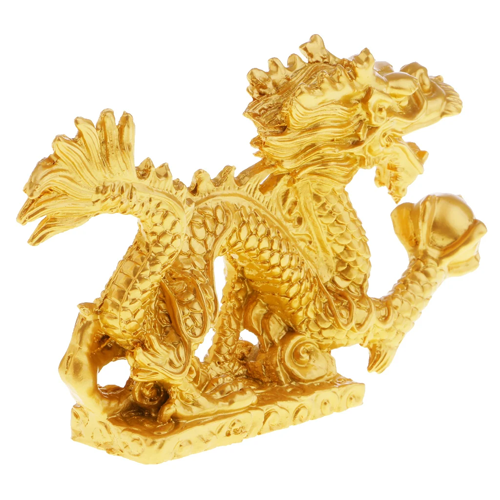 Feng Shui Dragon Collectible Statue, Lucky Figurines 5'' Golden Resin Dragon, Perfect for Home Office Decorations