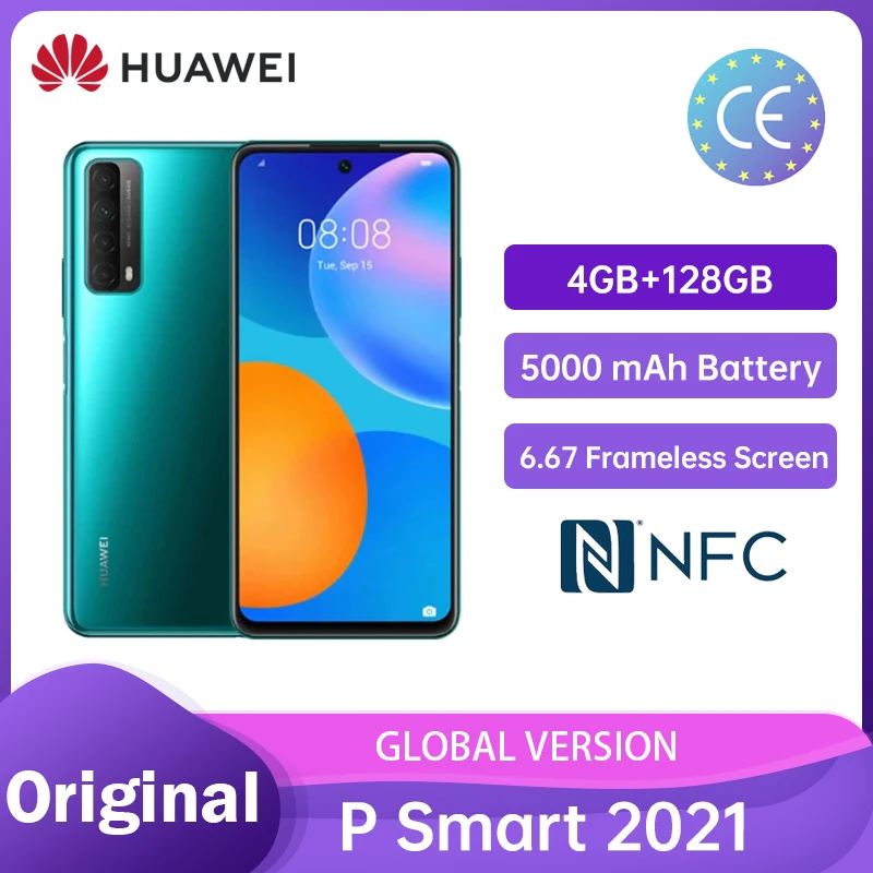 Huawei P Smart 2021 4GB 128GB NFC 48 MP Quad Kamera 5000 mAh Batterie 6,67 Rahmenlose Bildschirm Mobile handys Смартфоны телефон