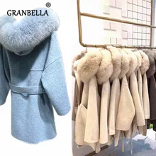 Корейский стиль, женский свободный шерстяной плащ средней длины с отделкой из натурального Лисьего меха, худи,, шерстяной кардиган больших размеров, плащ
