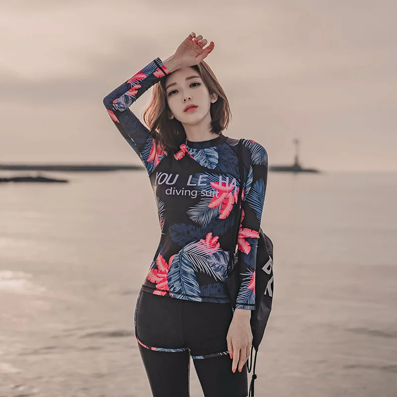 

New Style Diving Suit Sports Long Sleeve Trousers Split Type Boxer Conservative Belly Covering Slimming Students WOMEN'S Swimsui