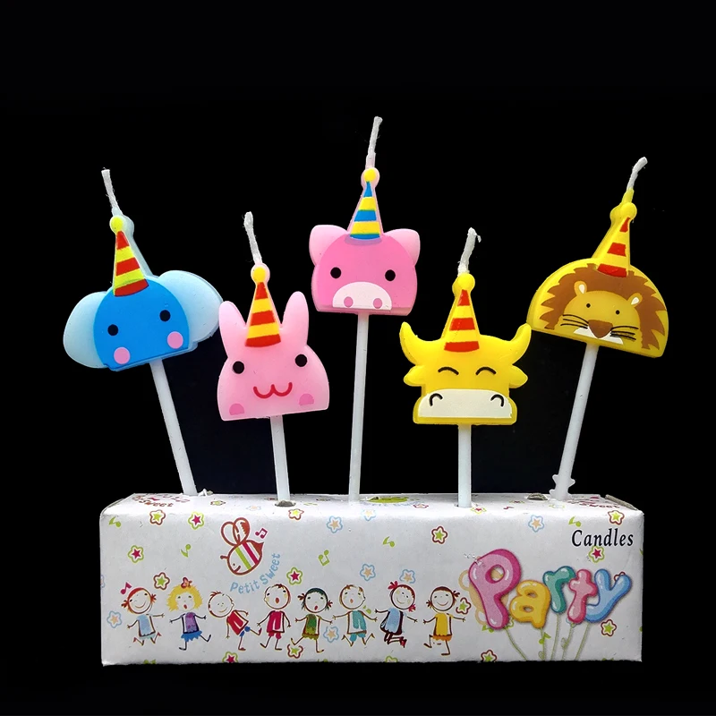 Bougies d'anniversaire en forme de petit animal, chapeau, vache, lapin,  éléphant, 5 lion, gâteau, cadeau