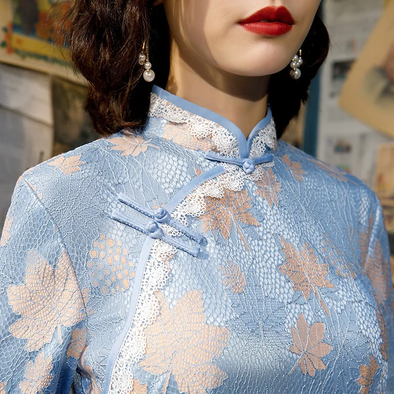 Sheng Coco синие кружевные вечерние платья Cheongsam китайские таможни длиной до колена Qipao вечерние платья женские осенние Vestido кружевные ткани