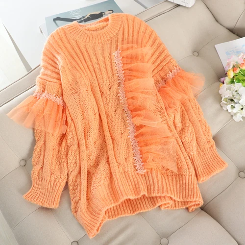 orange Neploe, Свободный пуловер в сумасшедшем стиле, свитер, модный, из кусков, кружевной, с круглым вырезом, с длинным рукавом, Pull Femme, Осень-зима, Sueter Mujer 47601 - Цвет: orange