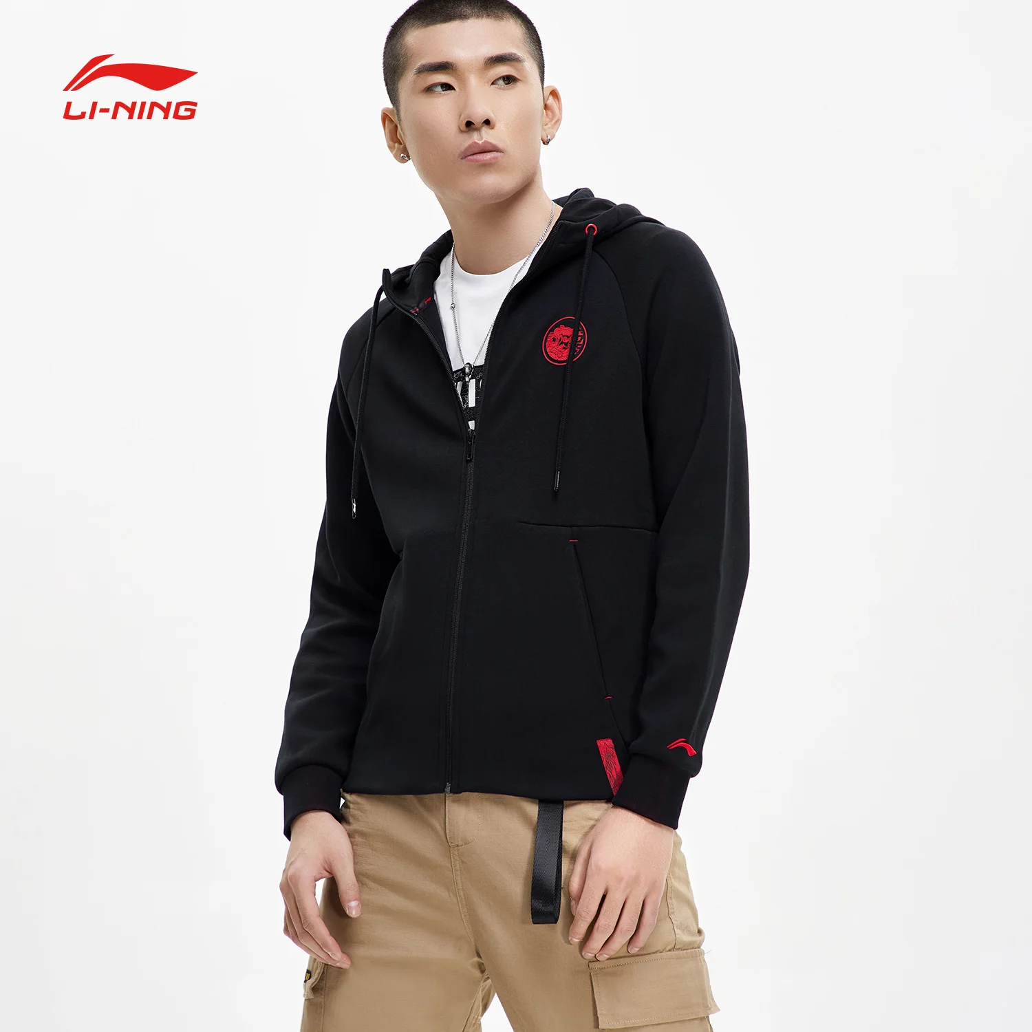 Li-Ning, Мужская трендовая толстовка с капюшоном, 66% хлопок, 34% полиэстер, обычная посадка, комфортная подкладка, спортивная куртка с капюшоном, куртки AWDP035 MWW1555