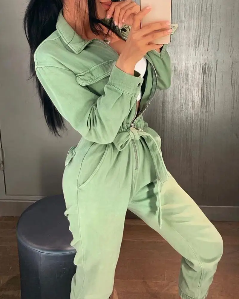Casual Cargo Cotton Female Jumpsuits Green Sash Pocket Sport Womens Jumpsuit Romper Chic Autumn Winter Ladies Overalls 2020