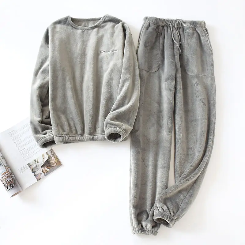 Men's Autumn And Winter New Pajamas Long-sleeved Trousers Flannel Warm Suit Plus Velvet Thickened Two-piece Home Service Men man pajamas set,flannel pajamas set