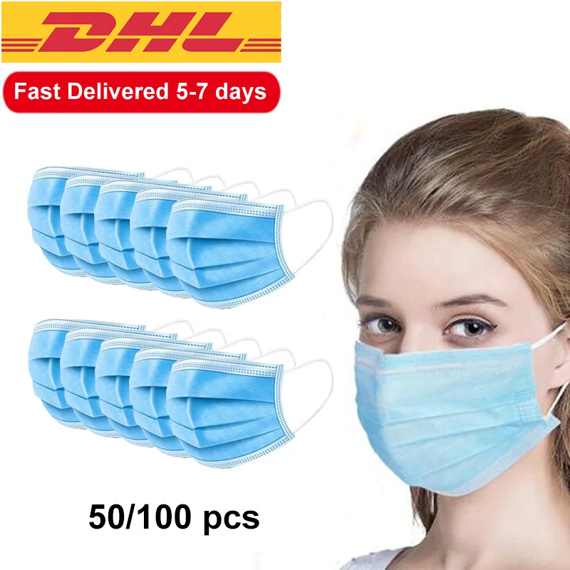 

50/100 pcs/lot Disposable 3-Ply Mouth Face Mask Anti Dust Protective Filter Cover Masks 2.5PM over 95% BFE Fast Shipping by DHL