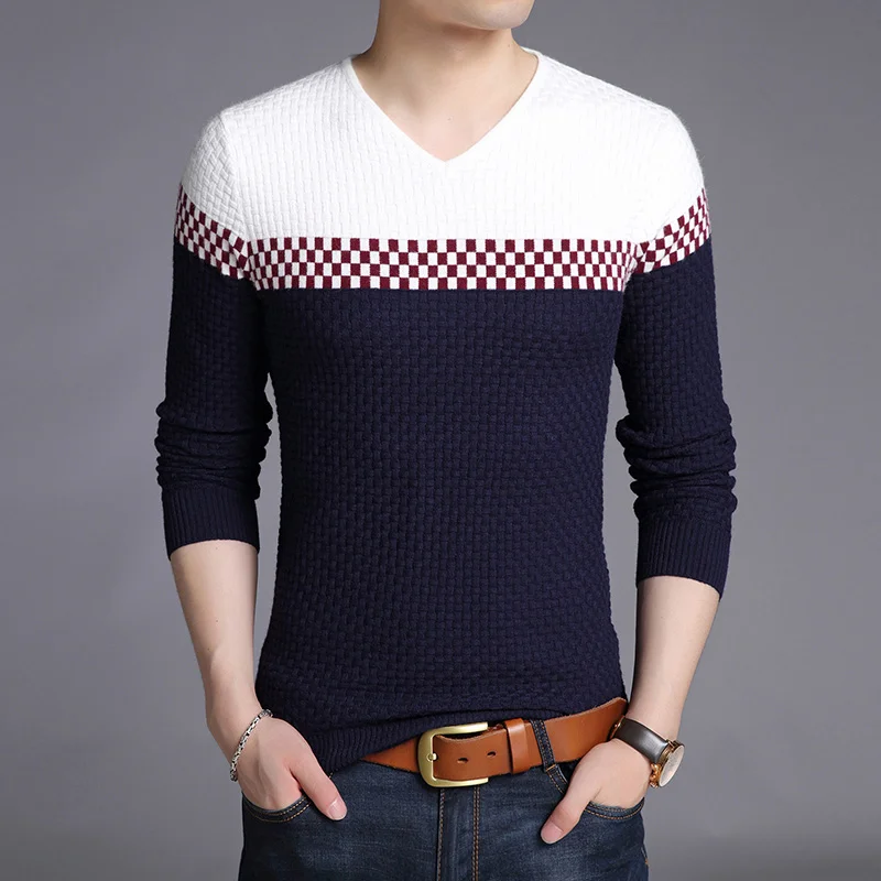 Новинка, модный брендовый свитер, Мужской пуловер, Приталенный джемпер, вязанный шерстяной свитер с v-образным вырезом, осенняя повседневная мужская одежда в Корейском стиле - Цвет: Тёмно-синий