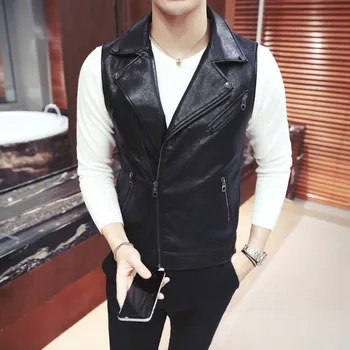 

Motorcycle Vests Mens Autumn Short Korean Slim Fit Zipper Lapel Waistcoats Fashion Nightclub Show PU Leather Sleeveless Jackets