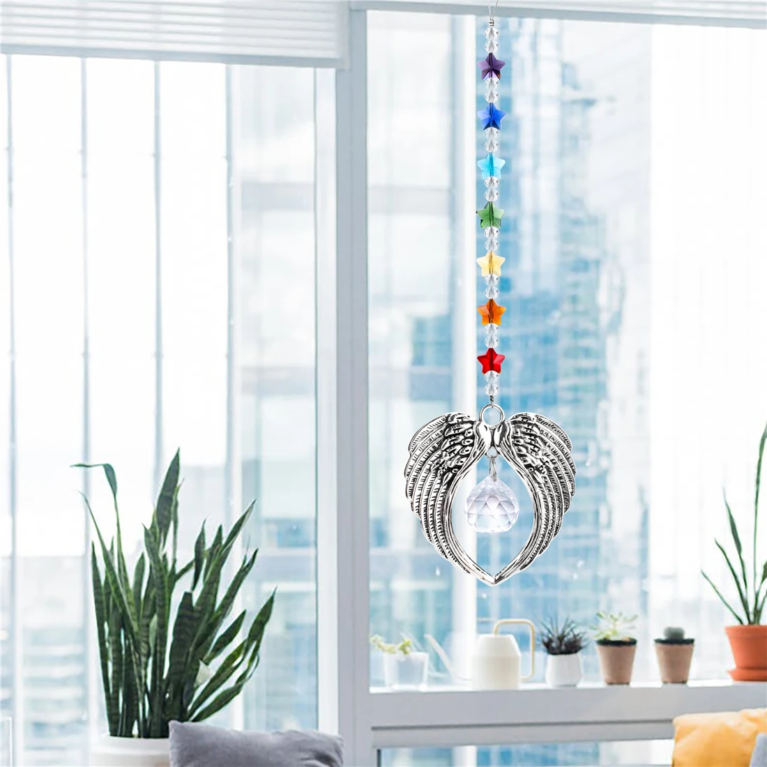 H&D Chakra Crystal Guardian Angel Wings Suncatcher Rainbow Maker Collection with Crystal Ball Hanging For Home Garden Decoration