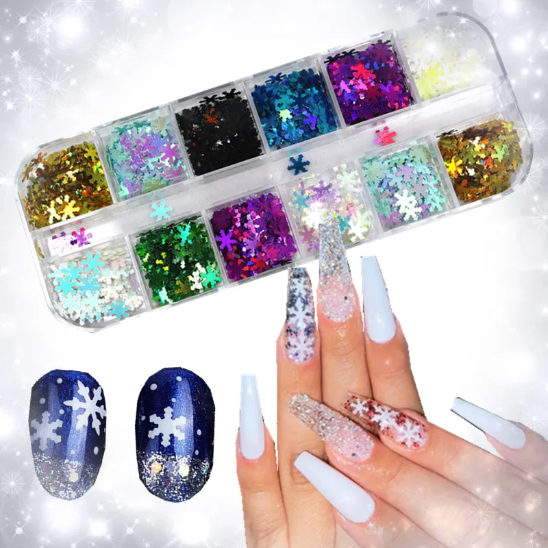 

1 box of holographic ultra-thin snowflake sequin Christmas mixed snowflake 3D art flash laser AB silver powder nail decoration