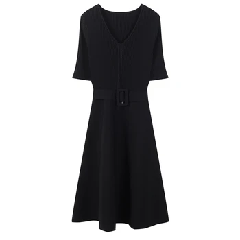 

2020 V-Neck Sashes High Waist Summer Knitted Dresses Women Elegant Belted Slim Fit Vestidos Short Sleeve Ladies Midi Dress